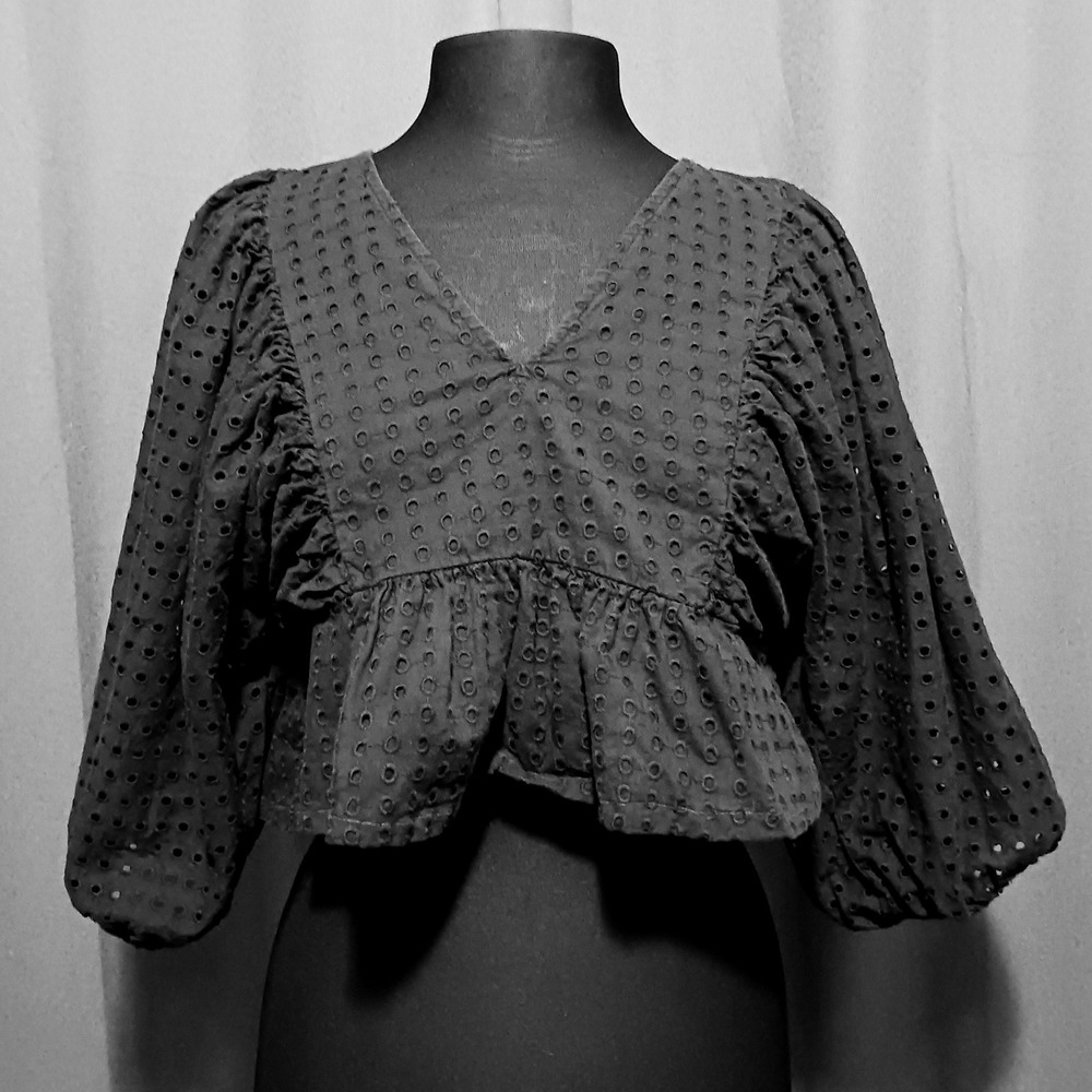Y2k Victorian Dark Academia Coqutte Black Eyelet Puff Sleeve Peplum Crop Top M